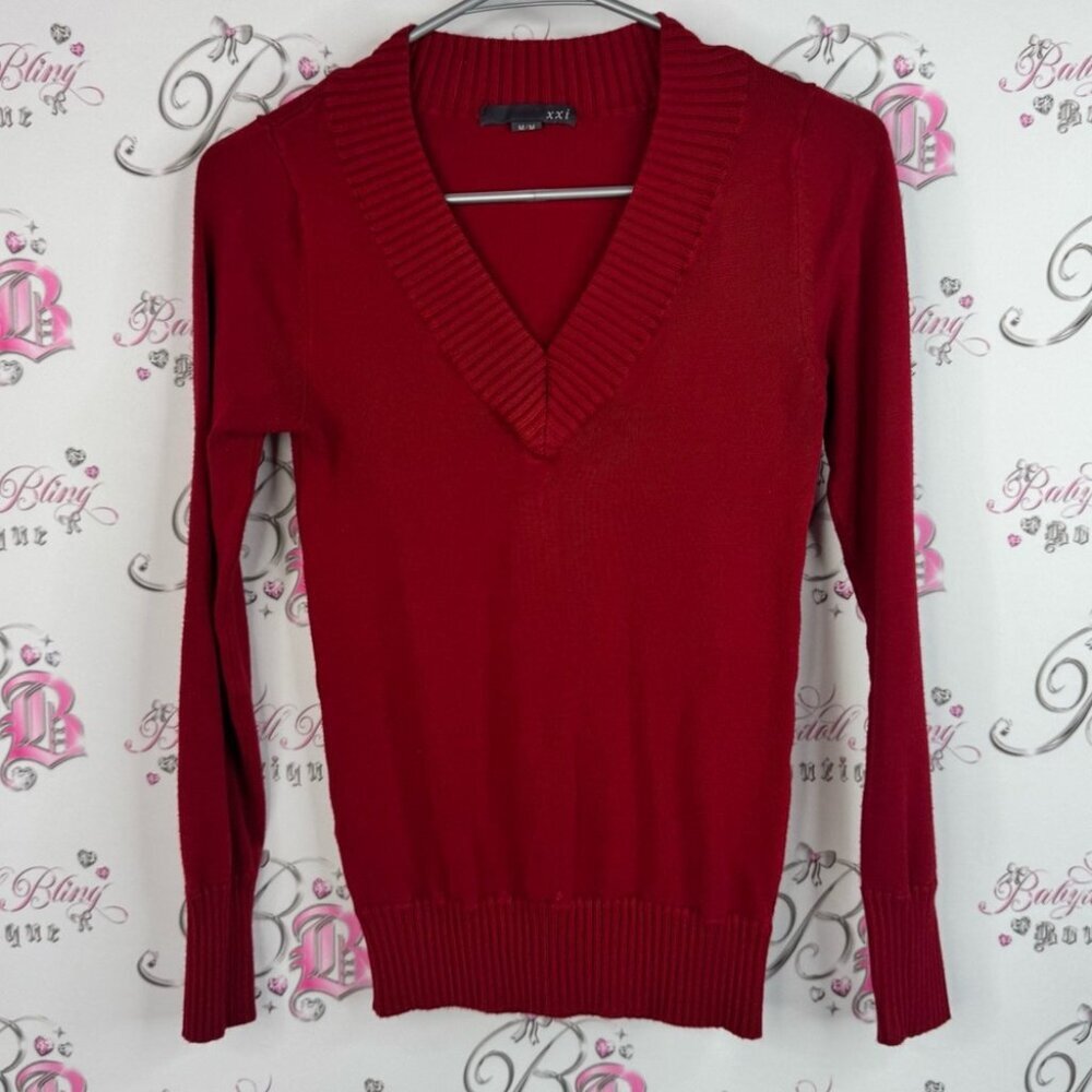 Forever 21 sweater ribbed y2k preppy Deep Red V-Neck Sweater